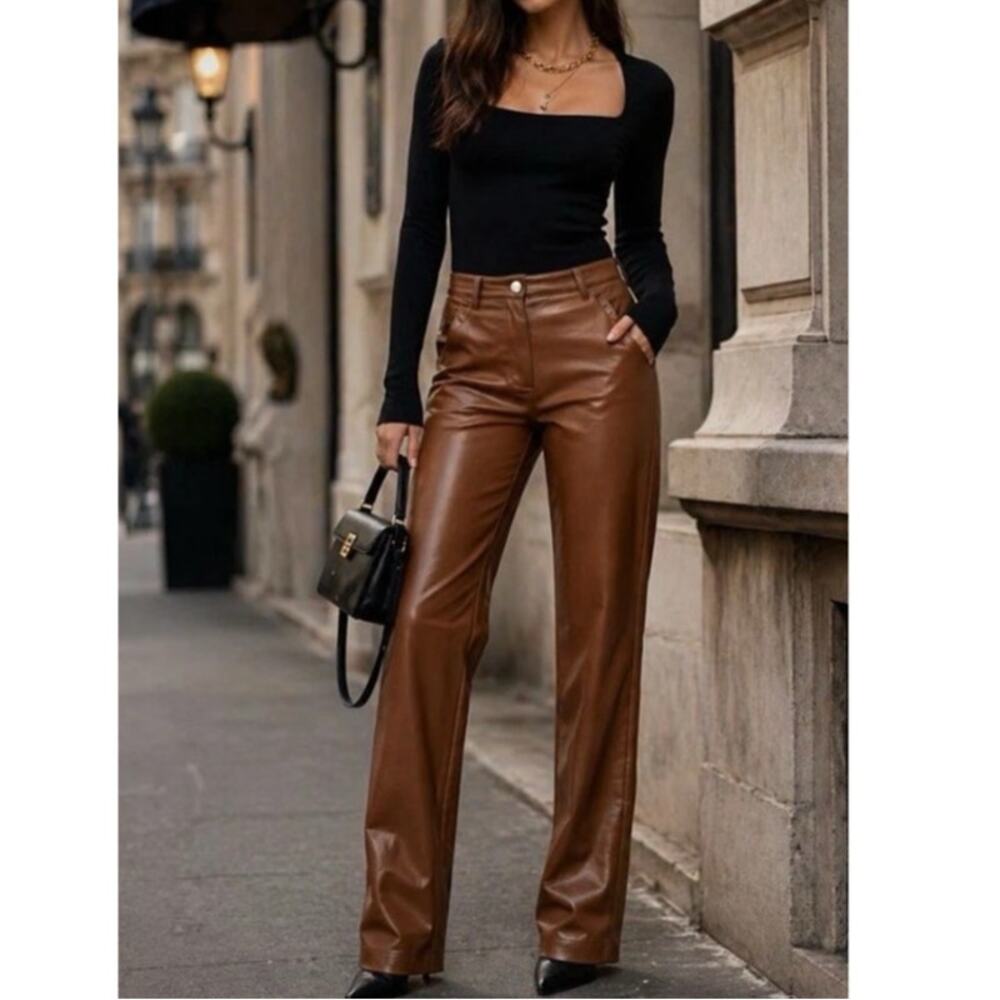 NWT Aritzia Wilfred Women's Brown Cognac Vegan Leather Melina Long Pants 10 L